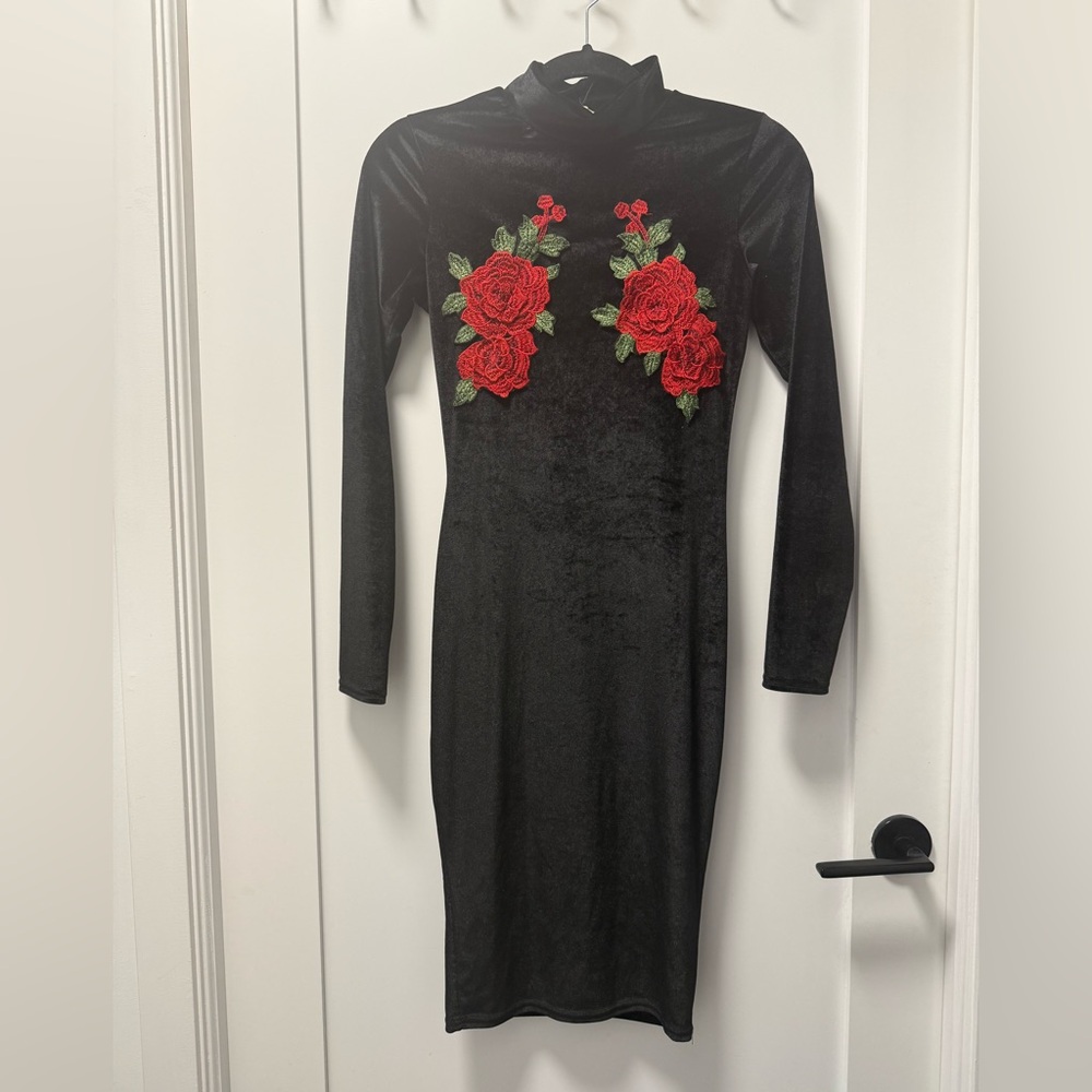 Velvet Mock Neck Rose Dress - XS